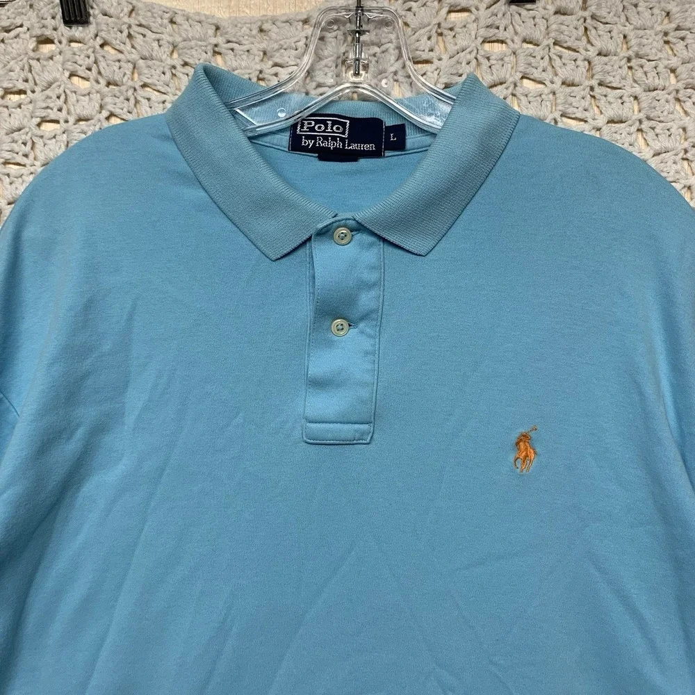Polo Ralph Lauren Polo Shirt Mens‎ Sz L Blue Short Sleeve Orange Pony 100%Cotton